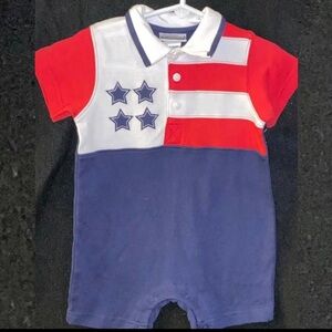 💞 New Baby Boys Size 6-9 Months Stars & Stripes Patriotic Collared Romper